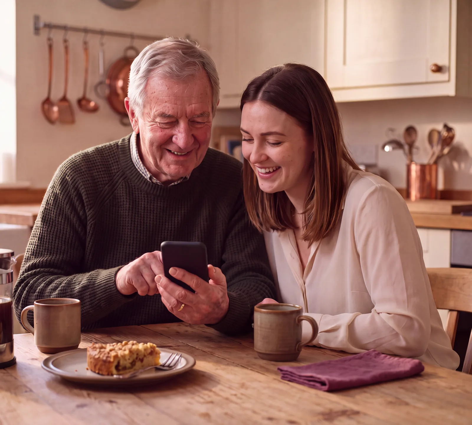 Großvater und Enkelin lachen am Küchentisch, er hält das Handy. Mit KI erstellt.